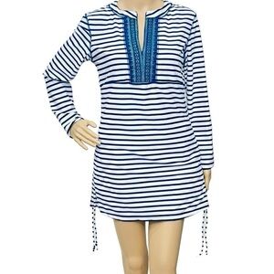 Cabana Life Cover Up Resort Dress Stripes Embrodery Long Sleeve Pullover Sz M